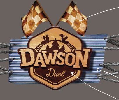 afbeelding van logo dawson duel, 3D logo, logo in fiberglass, sculpting, decoration in fiberglass, thematisation, theming, eyecatcher,set decoration, themeparc prop, themeparc logo,fdiberglass prop, eyecatcher in fiberglass