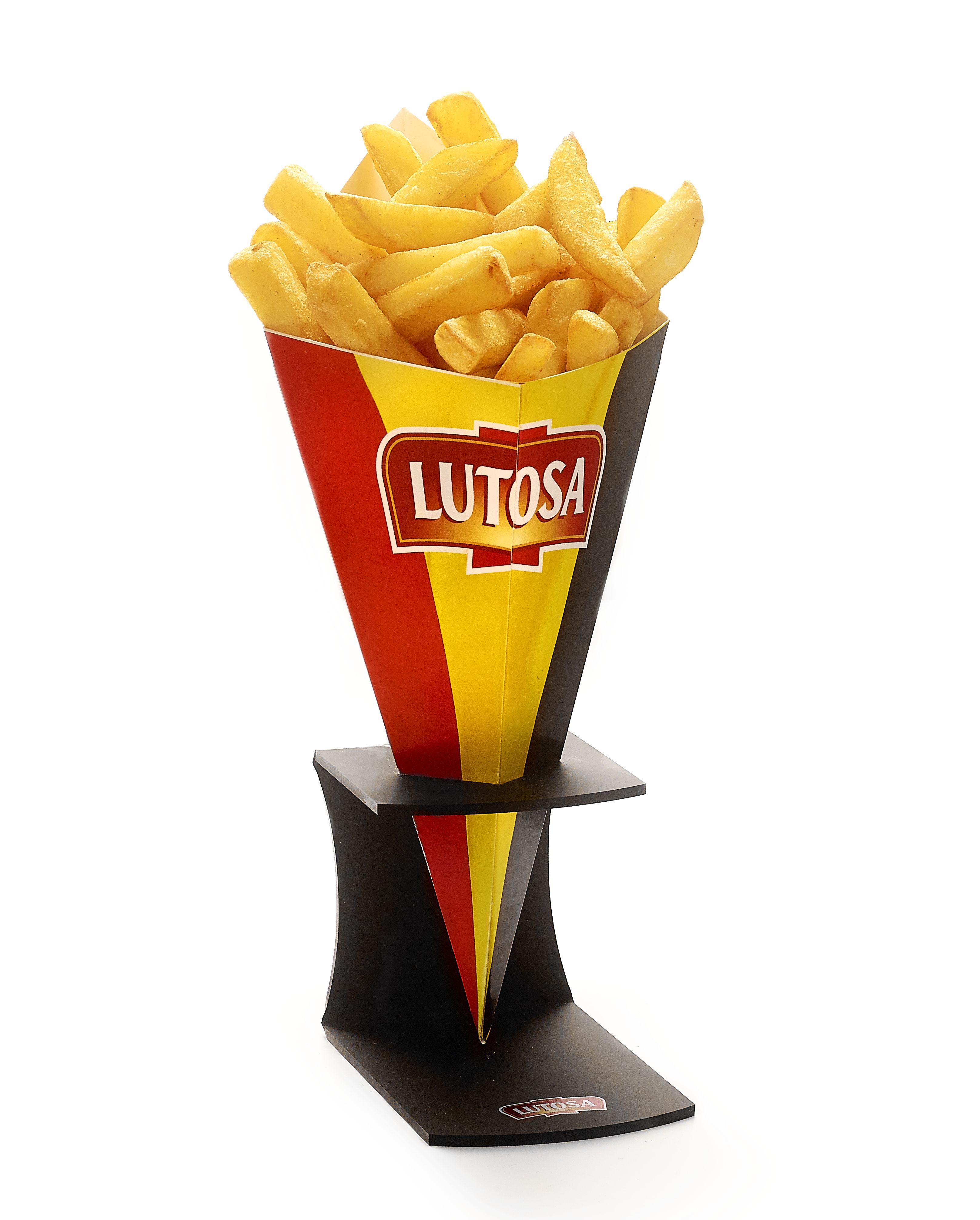 afbeelding van een polyester frietzak, 3D frietzak, Frietzak Lutosa, puntzak lutasa, Lutosa reclame,puntzak Lutosa, polyester maatwerk, winkeldecoratie, reclame object, publiciteitsobject, promotiemateriaal, reclamevoorwerp, grote frietzak, theatralisatie, thematisatie, belgische frietjes, belgian fries, schatjes van patatjes, polyester prop